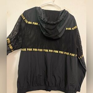 PINK Victoria's Secret Black Hooded Mesh Utility Jacket with Yellow Logo Tape